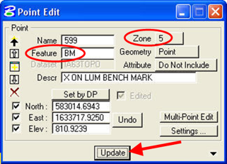 Point Edit dialog with updated Feature and Zone and Update button highlighted.