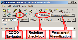 Coordinate Geometry dialog with Redefine and Permanent Visualization settings highlighted.