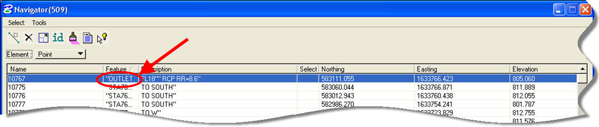 Navigator dialog with point row selected for feature edit.