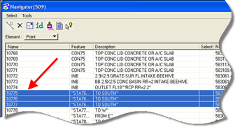 Navigator dialog with multiple points selected.