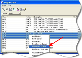 Navigator dialog showing Edit Element Feature option in context menu.