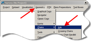 GEOPAK Survey toolbar showing Geometry > Chains > Edit option.