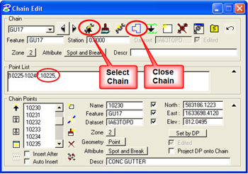 Chain Edit dialog showing Select Chain and Close Chain buttons.