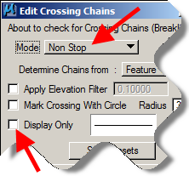 Edit Crossing Chains dialog with Non‑stop mode selected and Display Only unchecked.