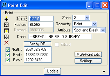 Point Edit dialog displaying point coordinates, feature, and update options.