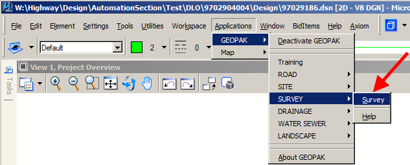 MicroStation menu with GEOPAK > SURVEY selected.