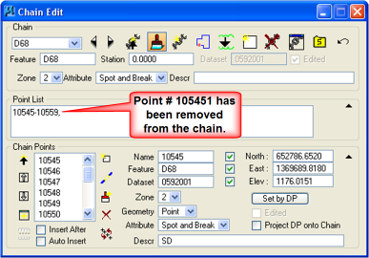 Chain Edit dialog showing updated point list after removing error point.