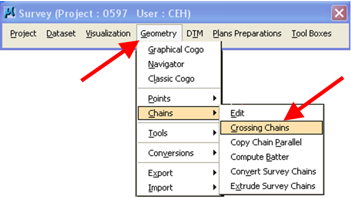 Survey menu with Geometry > Chains > Crossing Chains highlighted.