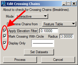 Edit Crossing Chains dialog showing elevation filter, circle marking, and display‑only check‑boxes.