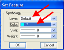 Set Feature dialog with level and color options highlighted.