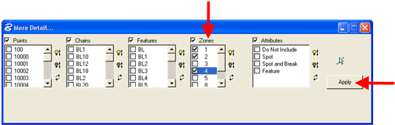 More Detail dialog with zone options selected and Apply button highlighted.