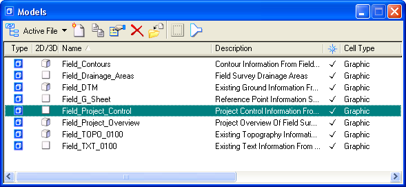 Models dialog with Field_Project_Control model highlighted.