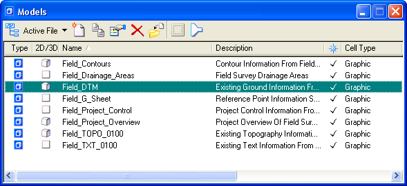 Models dialog with Field_DTM model highlighted.