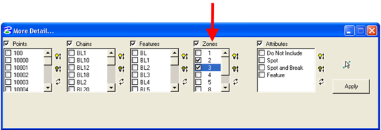 More Detail dialog showing zones 2 and 3 checked for DTM.