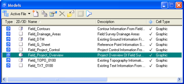 Models dialog showing list of models with the active model highlighted.