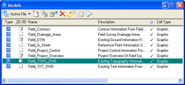 Models dialog with Field_TOPO_0100 model highlighted.