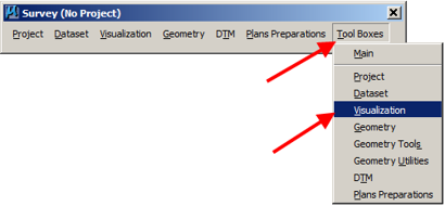 Survey menu showing Tool Boxes > Visualization selected.
