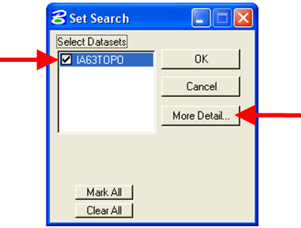 Set Search dialog showing dataset list and More Detail button.