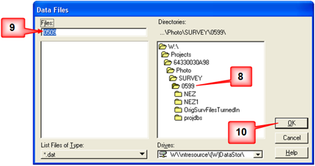 Data Files dialog showing directory selection and the OK button highlighted.