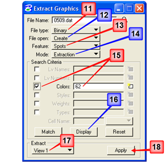 Extract Graphics dialog showing file type, file open mode, feature set to Spots, color value 62, extract option set to View 1, and Apply button highlighted.