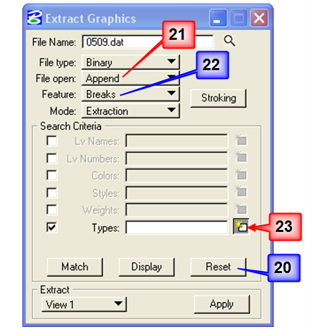Extract Graphics dialog with file open set to Append, feature set to Breaks, and Types checkbox selected.