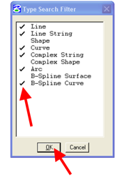 Type Search Filter dialog with multiple geometry types selected and OK button highlighted.