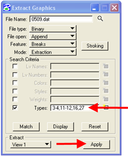 Extract Graphics dialog showing selected type numbers in the Types field and extract boundary set to View 1.