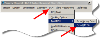 Survey toolbar showing DTM menu with Build DTM > From DAT File option highlighted.