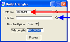 Build Triangles dialog showing data file field and magnifying glass icon for selecting the file.