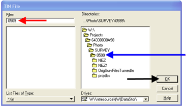 TIN File dialog with directories list and SAP number entered as the TIN filename.