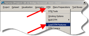 Survey toolbar showing DTM menu with Load DTM Features option highlighted.