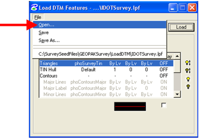 Load DTM Features dialog with the File menu open and the Open option highlighted.