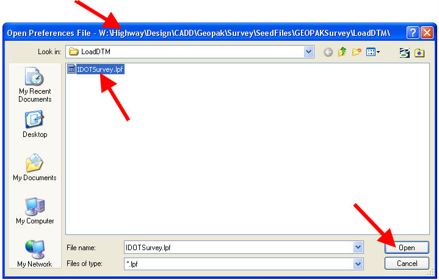 Open Preferences File dialog with the LoadDTM folder selected and the file IDOTSurvey.lpf highlighted.