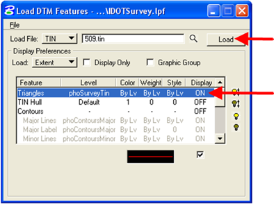 Load DTM Features dialog showing Triangles set to ON and the Load button highlighted.