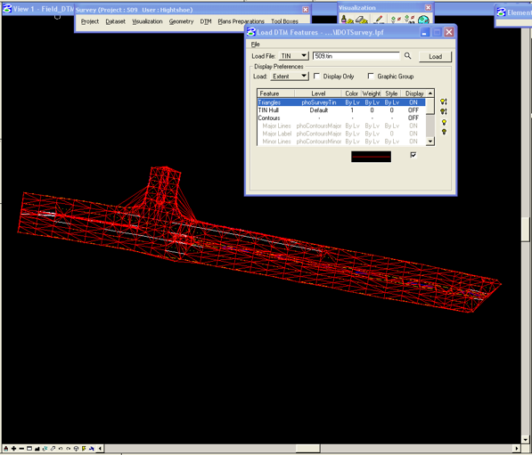 Triangulated TIN surface displayed in MicroStation with the Load DTM Features dialog shown above it.