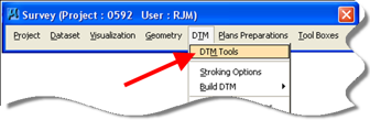 Survey toolbar with DTM Tools menu expanded and the Build DTM option highlighted