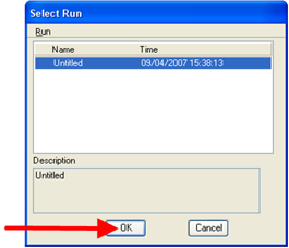 Select Run dialog showing an untitled run with the OK button highlighted.