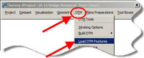 Survey toolbar with Load DTM Features selected under the DTM menu.