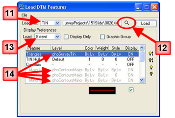 Load DTM Features dialog showing TIN file field, Load button, display options, and feature list.