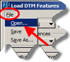 Load DTM Features dialog with File menu open and Open option highlighted.