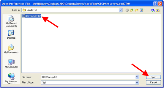 Open Preferences File dialog showing IDOTSurvey.lpf selected and Open button highlighted.