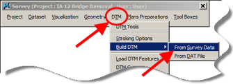 Survey toolbar with DTM menu expanded and Build DTM From Survey Data highlighted.