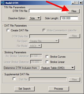 Build DTM dialog with the Files button highlighted for naming the TIN file.