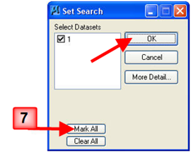 Set Search dialog with dataset checkbox and OK and Mark All buttons highlighted.