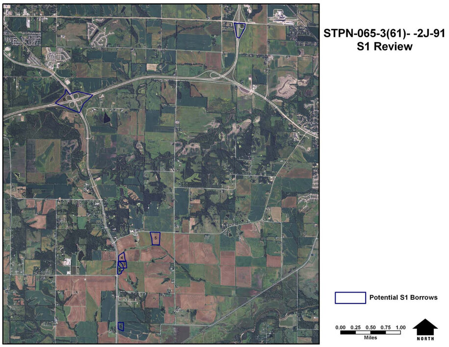 Annotated aerial map showing several outlined potential S1 borrow areas across the project corridor, with north arrow and scale bar.