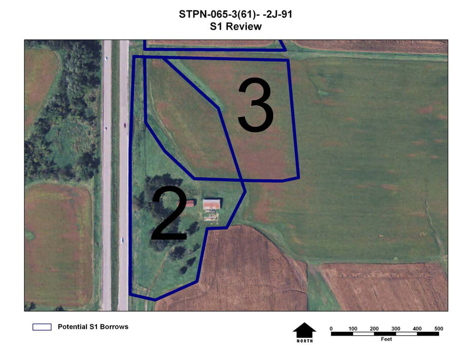 Zoomed‑in aerial map showing outlined Potential S1 Borrow Sites 2 and 3 beside a roadway, with north arrow and scale bar.