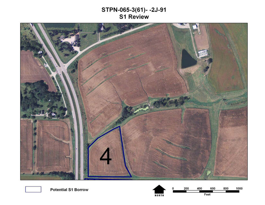 Aerial map showing outlined Potential S1 Borrow Site 4 near a roadway, with north arrow and scale bar.