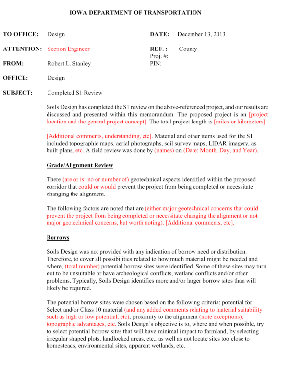 S1 Review memorandum template with headings, project fields, and placeholder text.