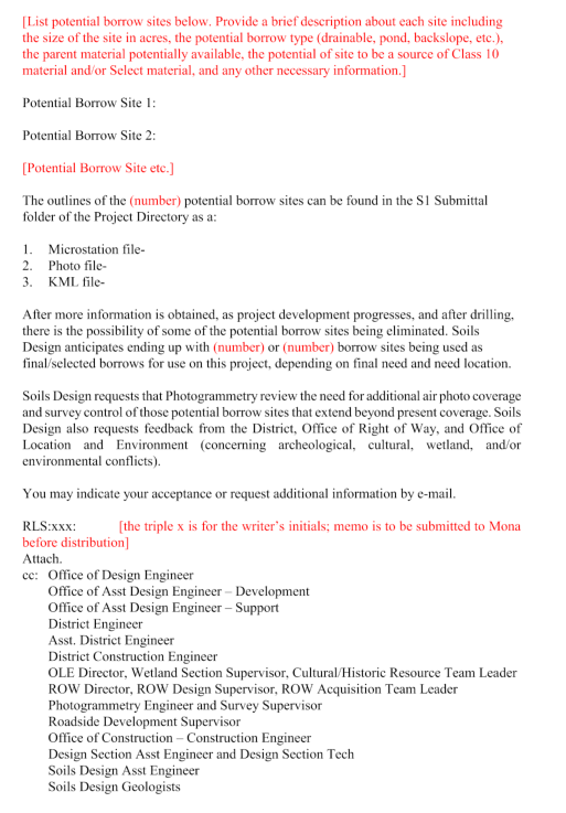 Template page for listing potential borrow sites and associated project documentation.