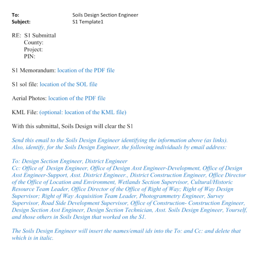 S1 submittal email template showing fields for To, Subject, project information, linked files, and instructions.